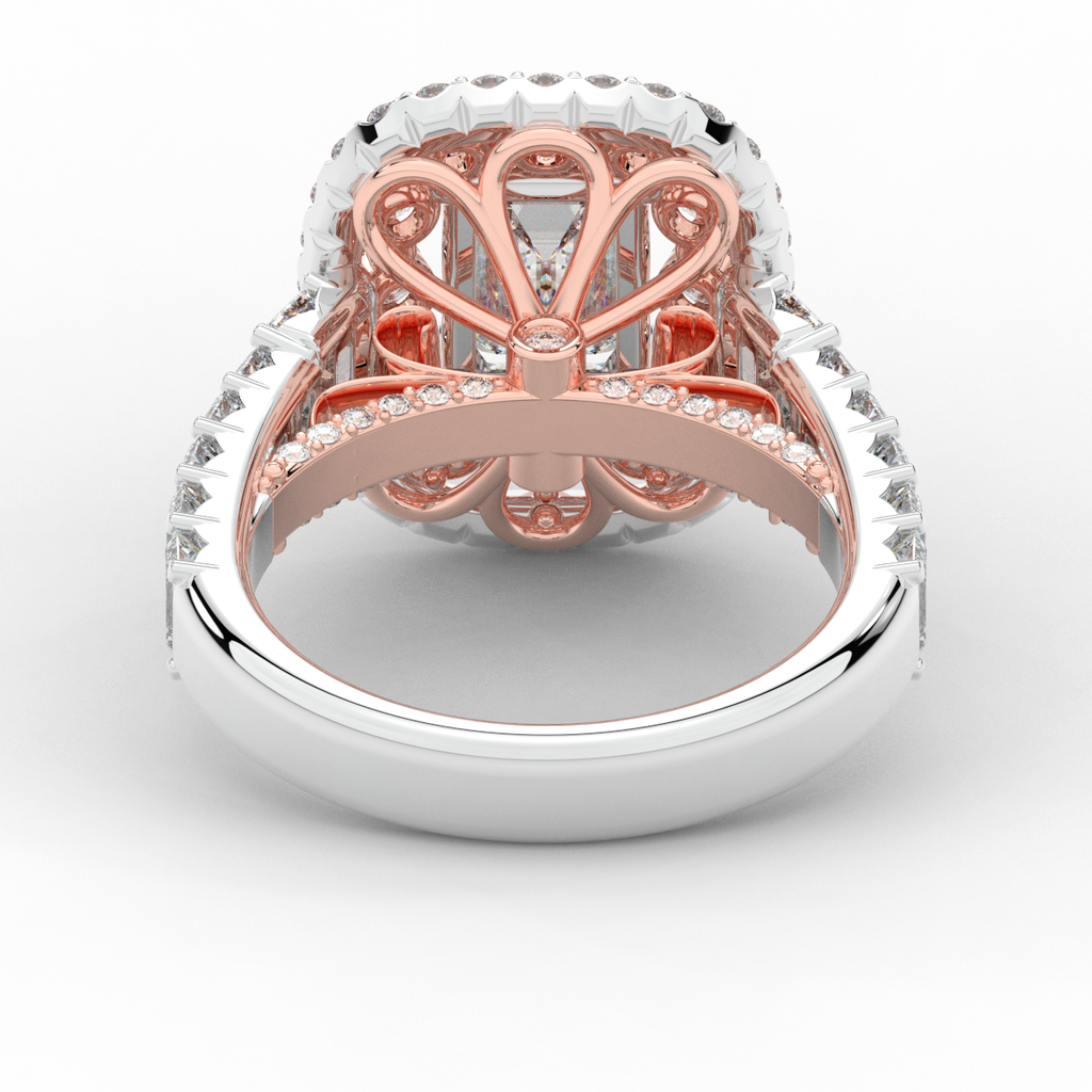 4.70CT.TW EMERALD CUT LAB DIAMOND DOUBLE HALO TWO TONE ENGAGEMENT RING - Nazarelle