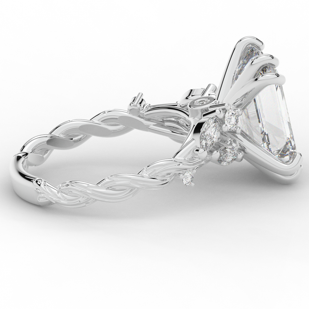 5.30CT.TW EMERALD CUT LAB DIAMOND STYLIZED VINE AND TREE BARK FINISH ENGAGEMENT RING - Nazarelle