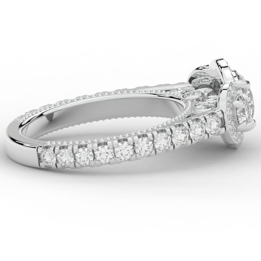 2.15CT.TW ROUND LAB DIAMOND 3 STONE HALO ENGAGEMENT RING - Nazarelle
