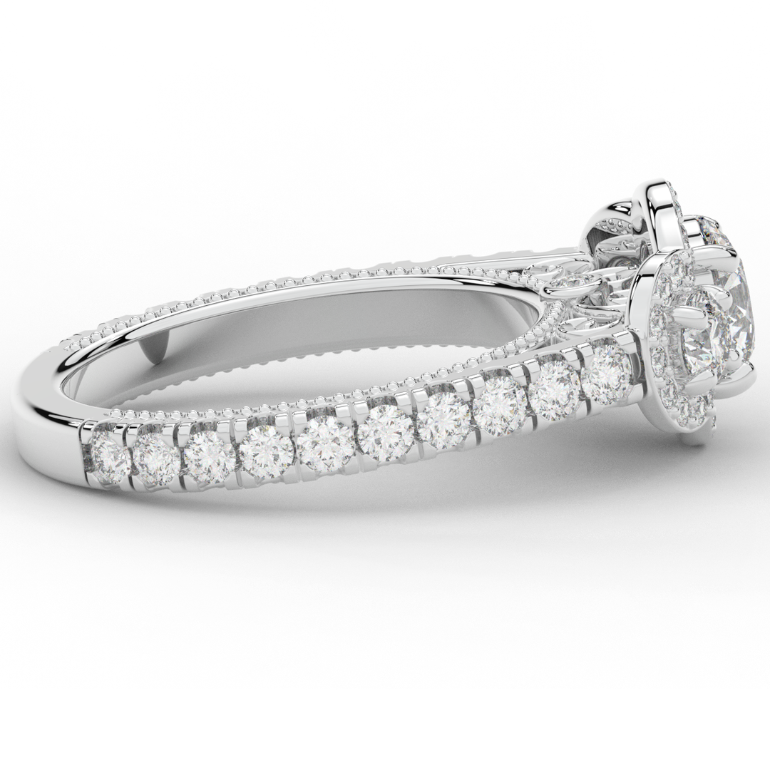 2.15CT.TW ROUND LAB DIAMOND 3 STONE HALO ENGAGEMENT RING - Nazarelle