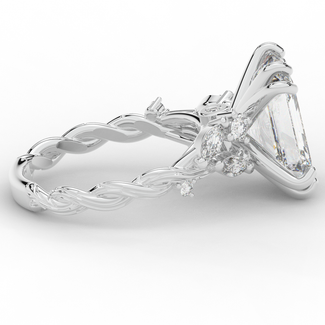 5.30CT.TW EMERALD CUT LAB DIAMOND STYLIZED VINE AND TREE BARK FINISH ENGAGEMENT RING - Nazarelle