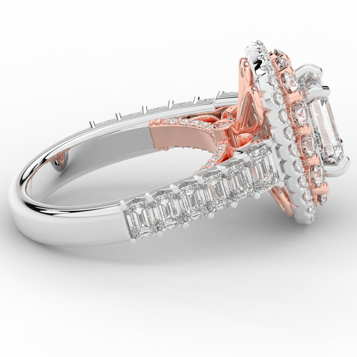 4.70CT.TW EMERALD CUT LAB DIAMOND DOUBLE HALO TWO TONE ENGAGEMENT RING - Nazarelle