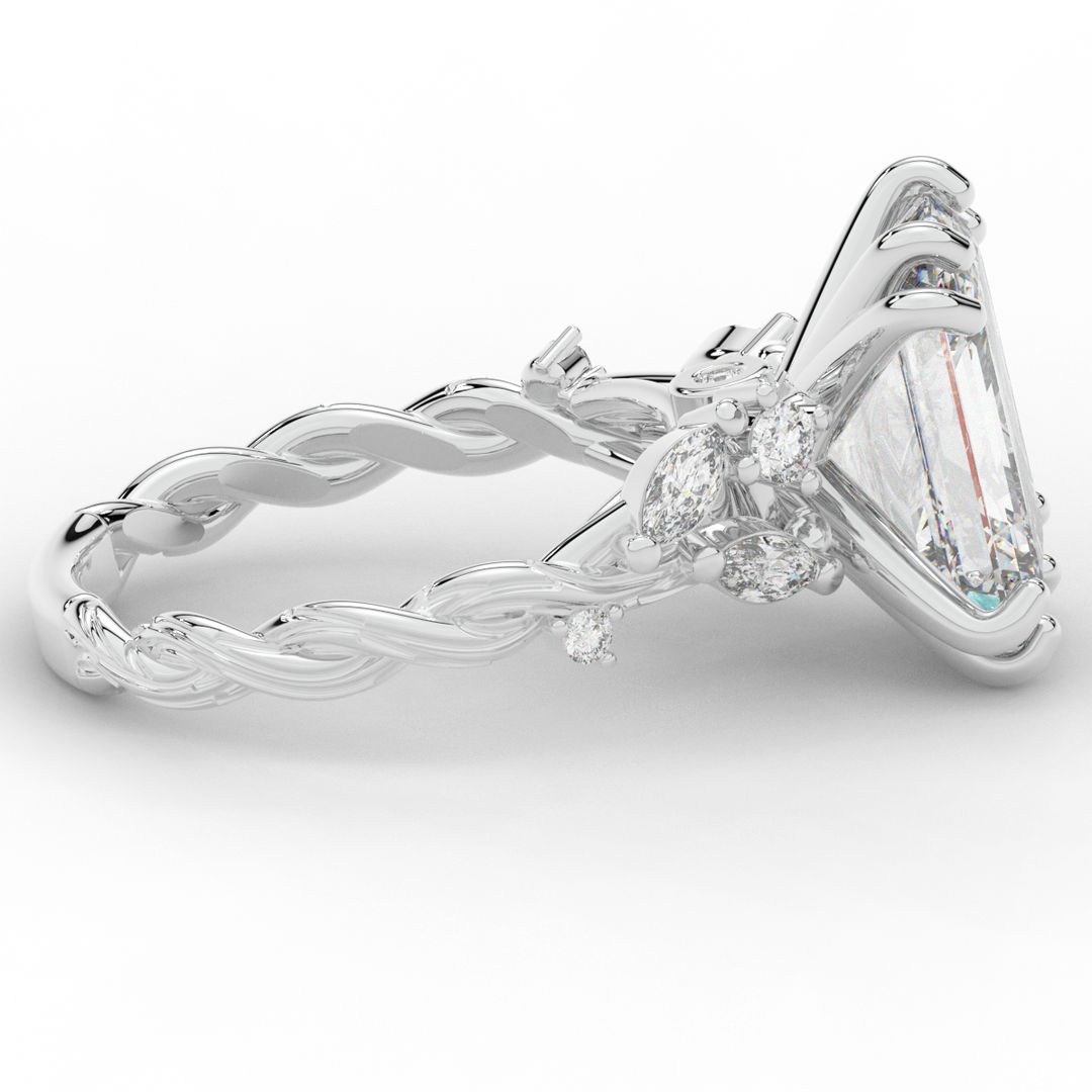 5.30CT.TW EMERALD CUT LAB DIAMOND STYLIZED VINE AND TREE BARK FINISH ENGAGEMENT RING - Nazarelle