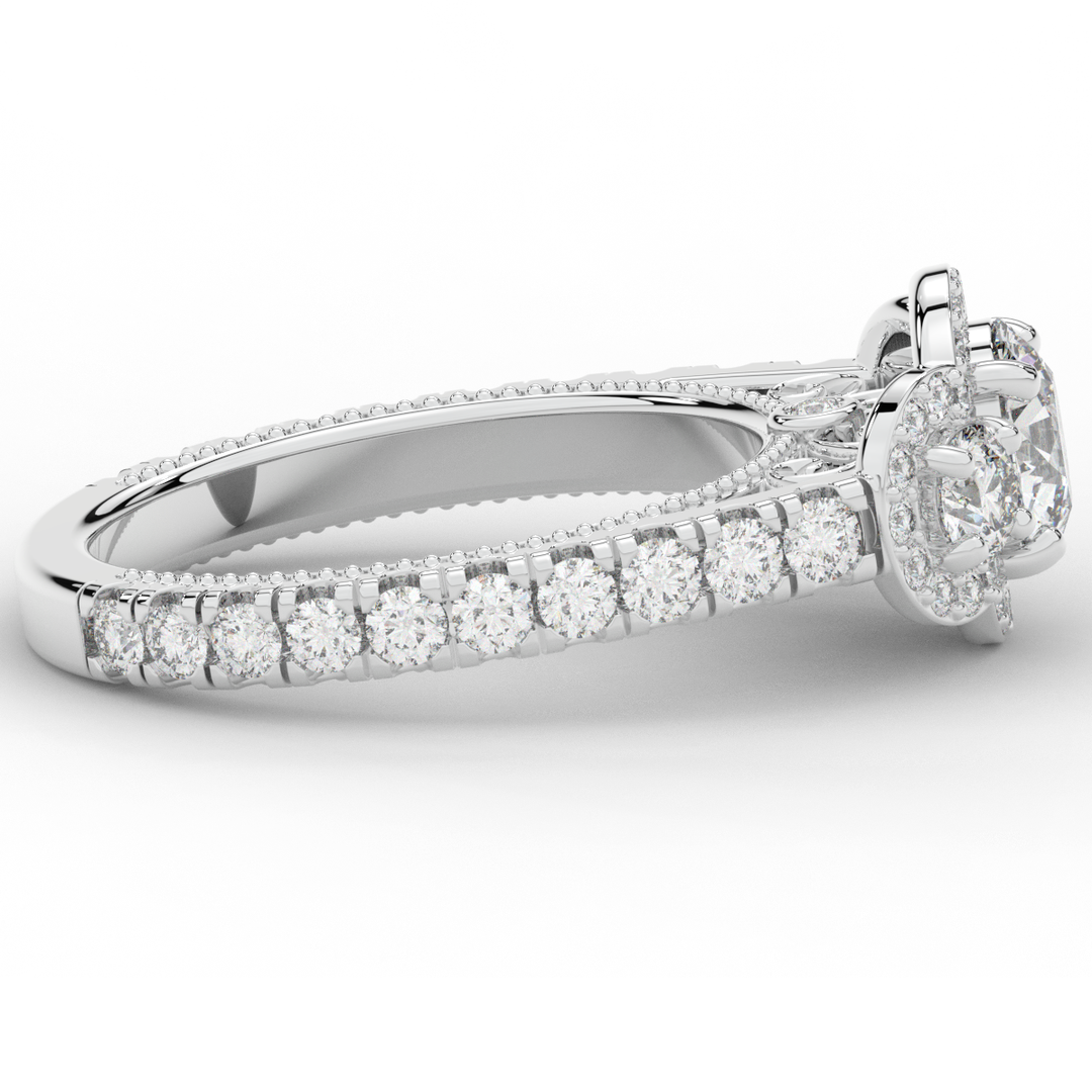 2.15CT.TW ROUND LAB DIAMOND 3 STONE HALO ENGAGEMENT RING - Nazarelle
