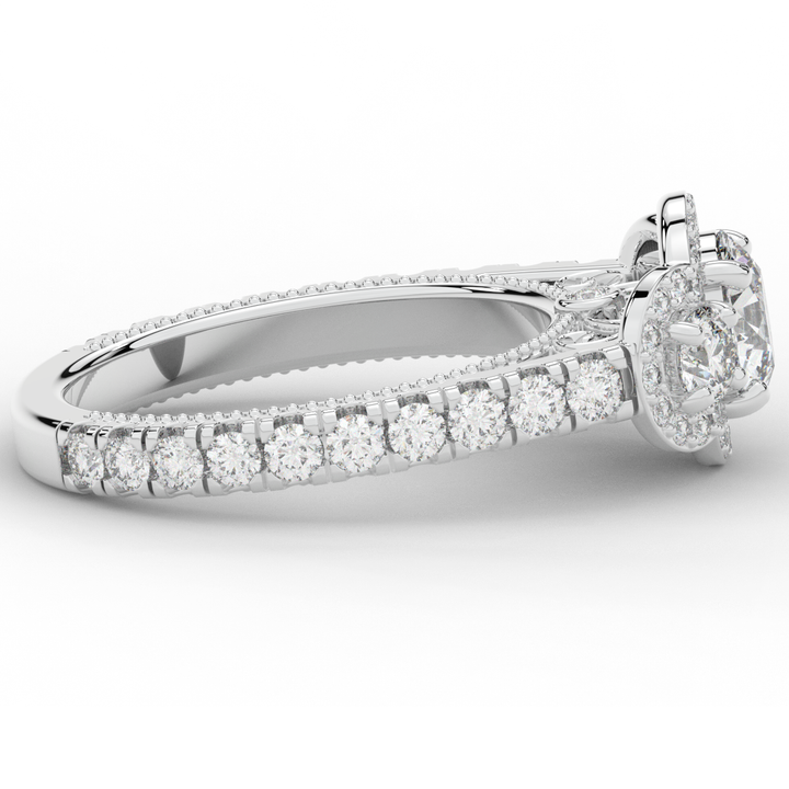 2.15CT.TW ROUND LAB DIAMOND 3 STONE HALO ENGAGEMENT RING - Nazarelle