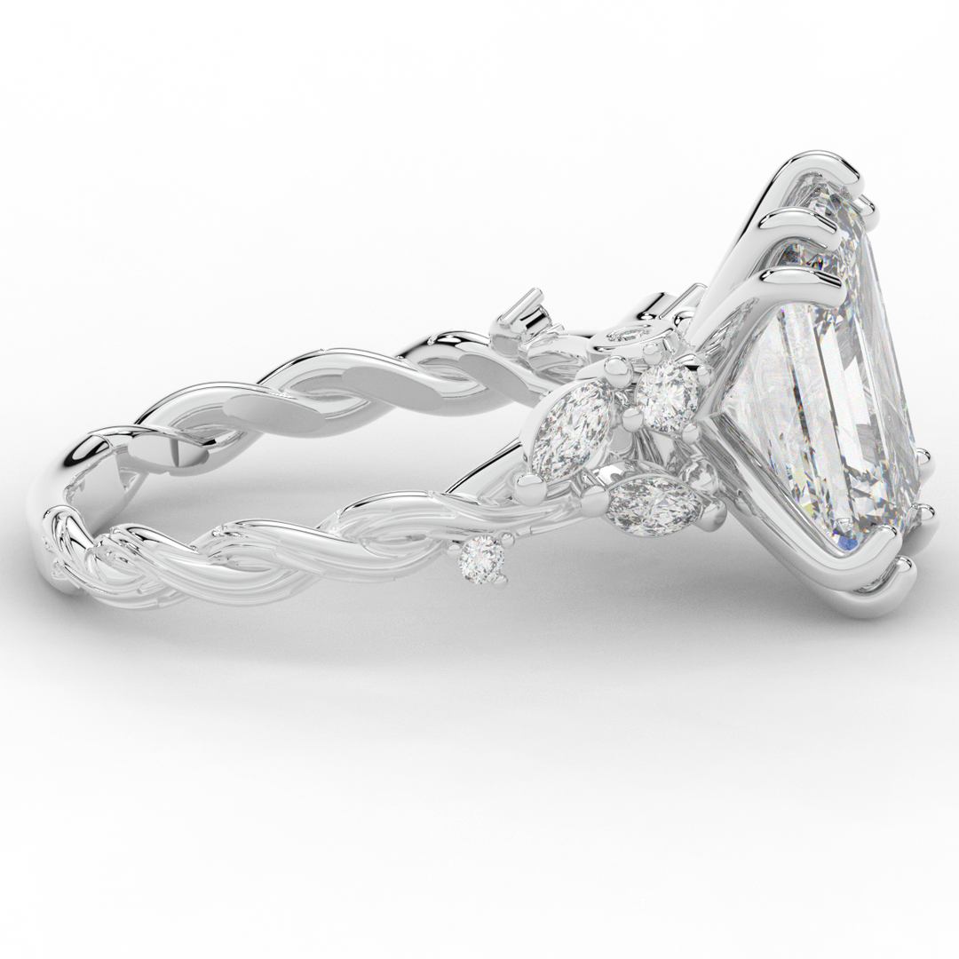 5.30CT.TW EMERALD CUT LAB DIAMOND STYLIZED VINE AND TREE BARK FINISH ENGAGEMENT RING - Nazarelle