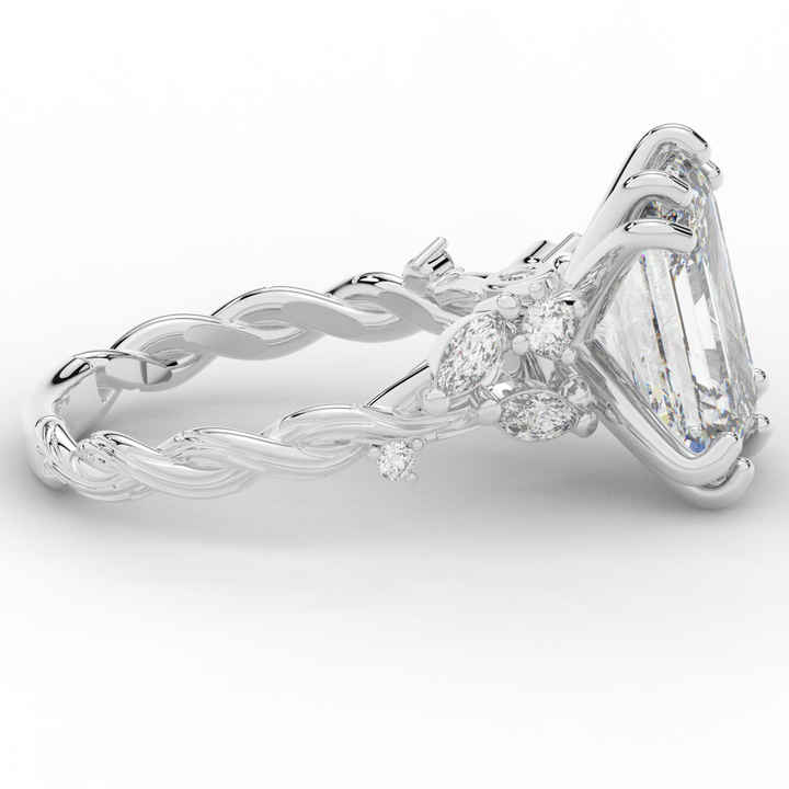 5.30CT.TW EMERALD CUT LAB DIAMOND STYLIZED VINE AND TREE BARK FINISH ENGAGEMENT RING - Nazarelle