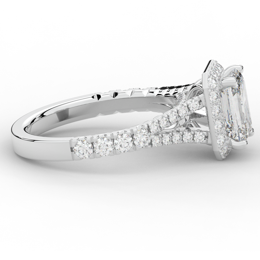 2.60CT.TW EMERALD CUT LAB DIAMOND SPLIT SHANK HALO ENGAGEMENT RING - Nazarelle