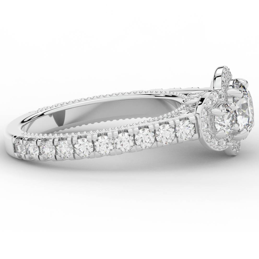 2.15CT.TW ROUND LAB DIAMOND 3 STONE HALO ENGAGEMENT RING - Nazarelle