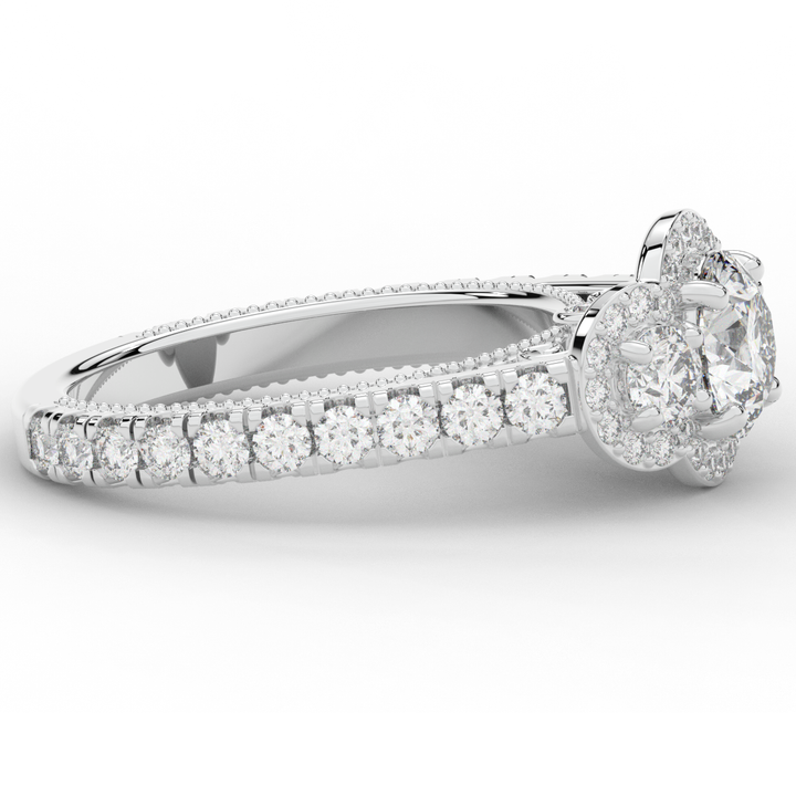 2.15CT.TW ROUND LAB DIAMOND 3 STONE HALO ENGAGEMENT RING - Nazarelle