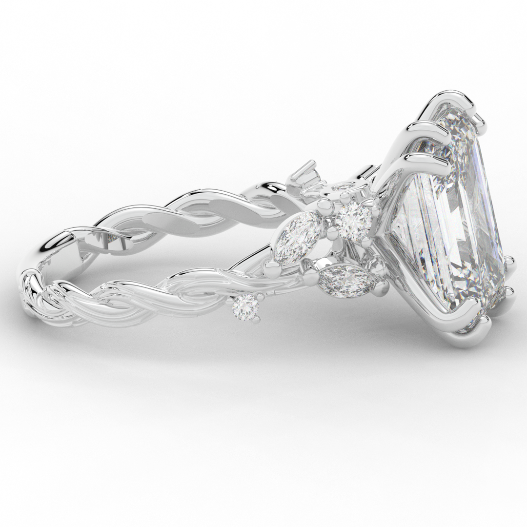 5.30CT.TW EMERALD CUT LAB DIAMOND STYLIZED VINE AND TREE BARK FINISH ENGAGEMENT RING - Nazarelle