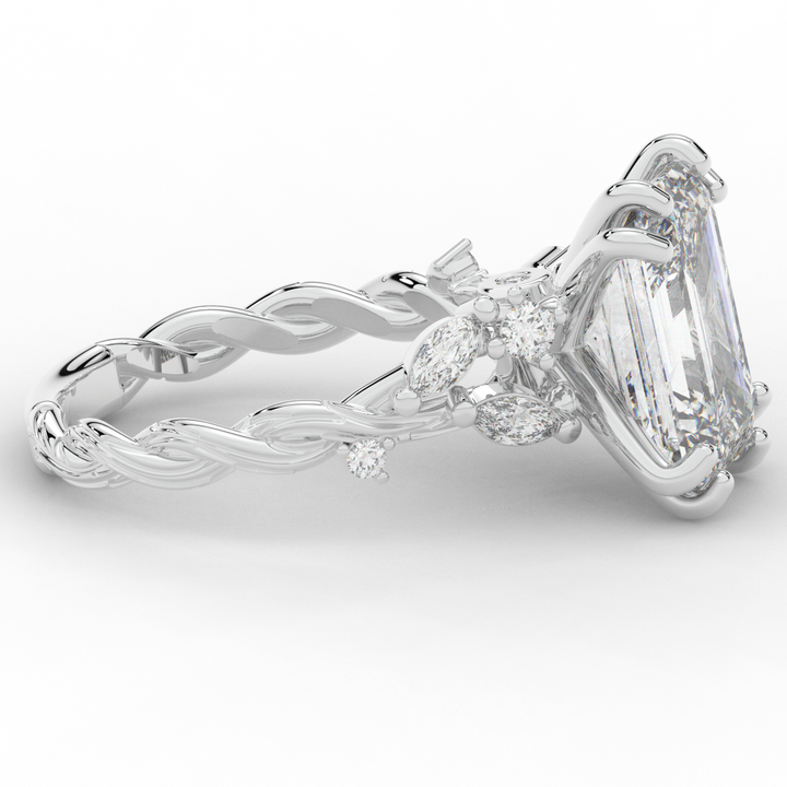 5.30CT.TW EMERALD CUT LAB DIAMOND STYLIZED VINE AND TREE BARK FINISH ENGAGEMENT RING - Nazarelle