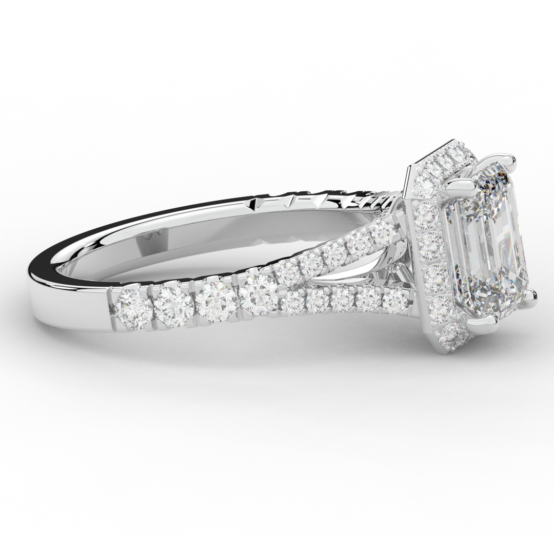 2.60CT.TW EMERALD CUT LAB DIAMOND SPLIT SHANK HALO ENGAGEMENT RING - Nazarelle