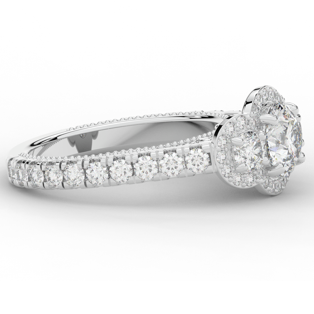 2.15CT.TW ROUND LAB DIAMOND 3 STONE HALO ENGAGEMENT RING - Nazarelle
