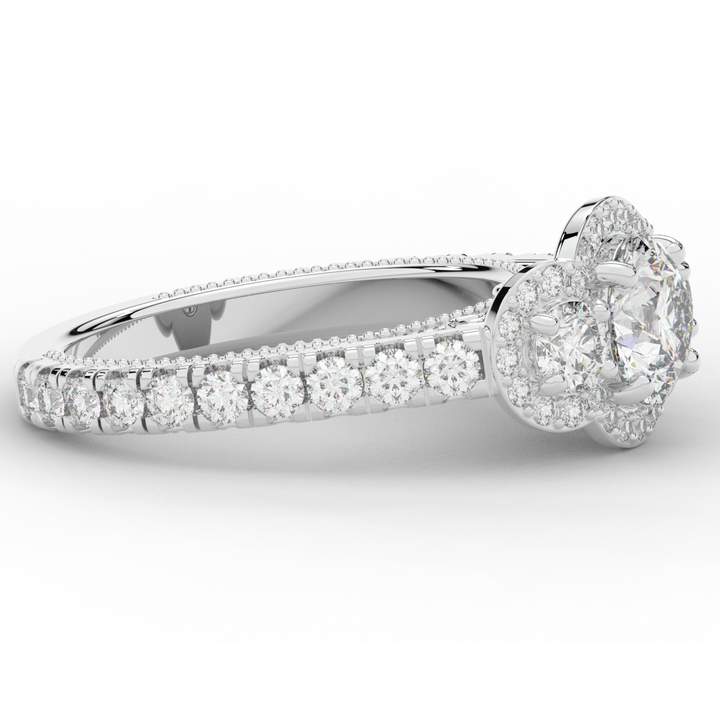 2.15CT.TW ROUND LAB DIAMOND 3 STONE HALO ENGAGEMENT RING - Nazarelle