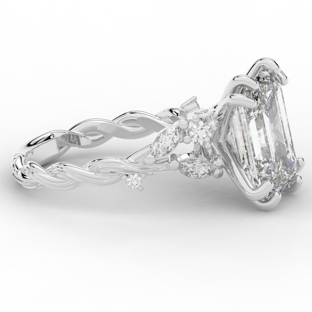 5.30CT.TW EMERALD CUT LAB DIAMOND STYLIZED VINE AND TREE BARK FINISH ENGAGEMENT RING - Nazarelle