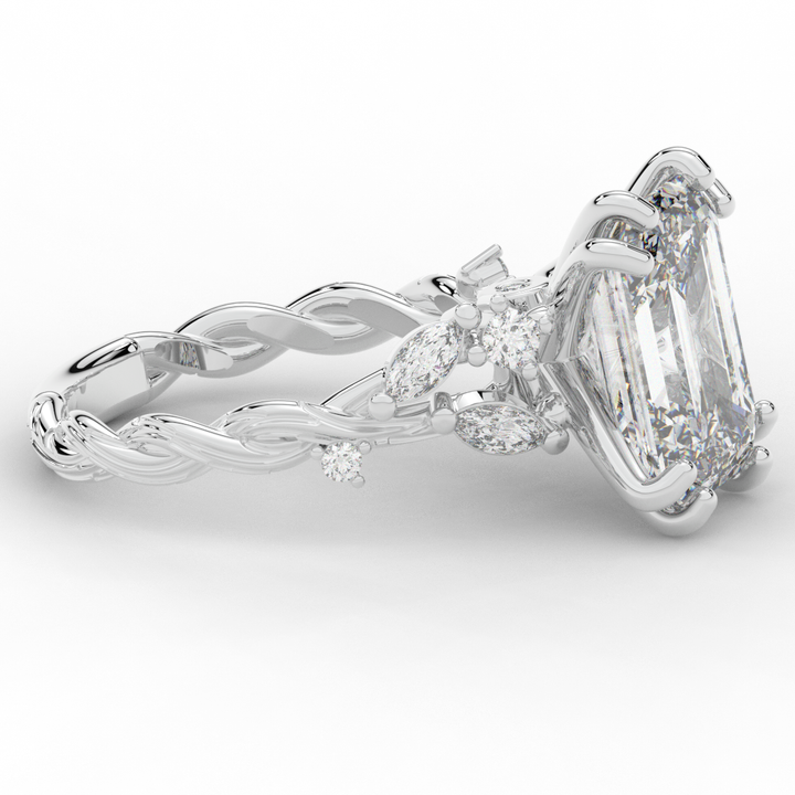 5.30CT.TW EMERALD CUT LAB DIAMOND STYLIZED VINE AND TREE BARK FINISH ENGAGEMENT RING - Nazarelle