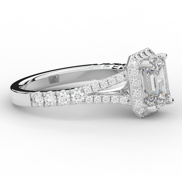 2.60CT.TW EMERALD CUT LAB DIAMOND SPLIT SHANK HALO ENGAGEMENT RING - Nazarelle