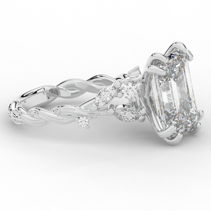5.30CT.TW EMERALD CUT LAB DIAMOND STYLIZED VINE AND TREE BARK FINISH ENGAGEMENT RING - Nazarelle