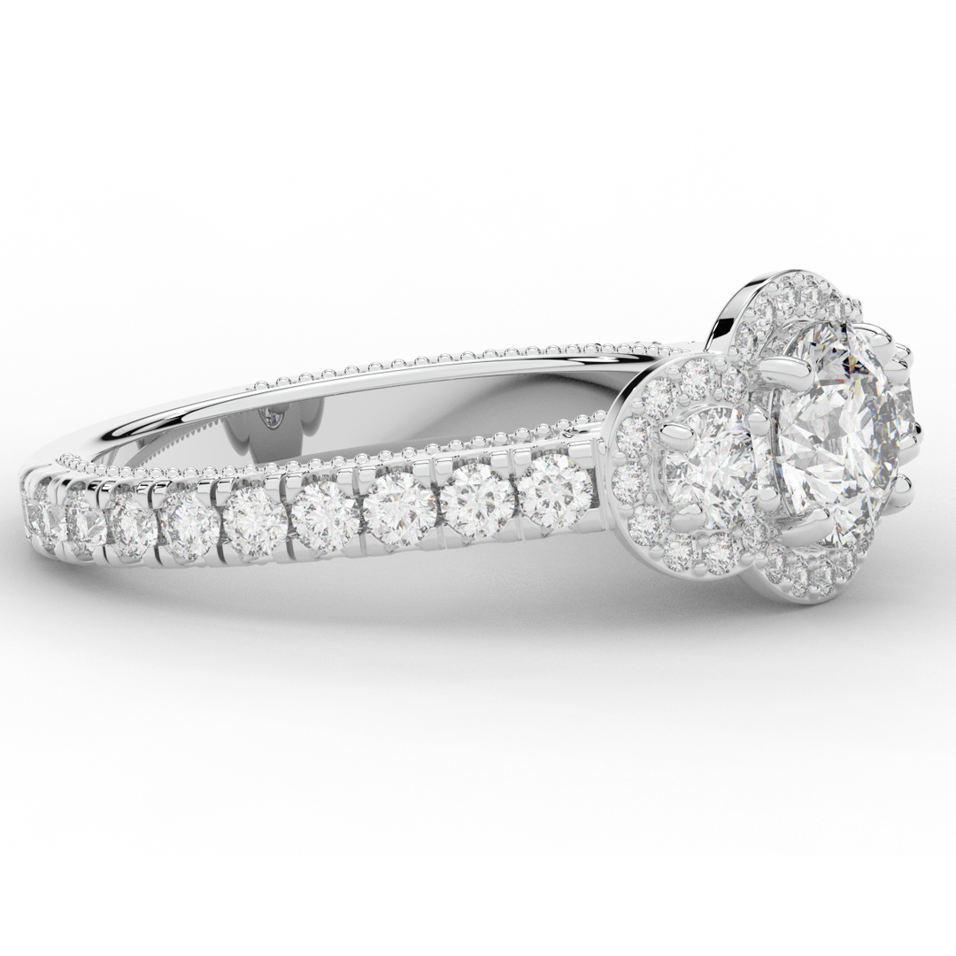 2.15CT.TW ROUND LAB DIAMOND 3 STONE HALO ENGAGEMENT RING - Nazarelle