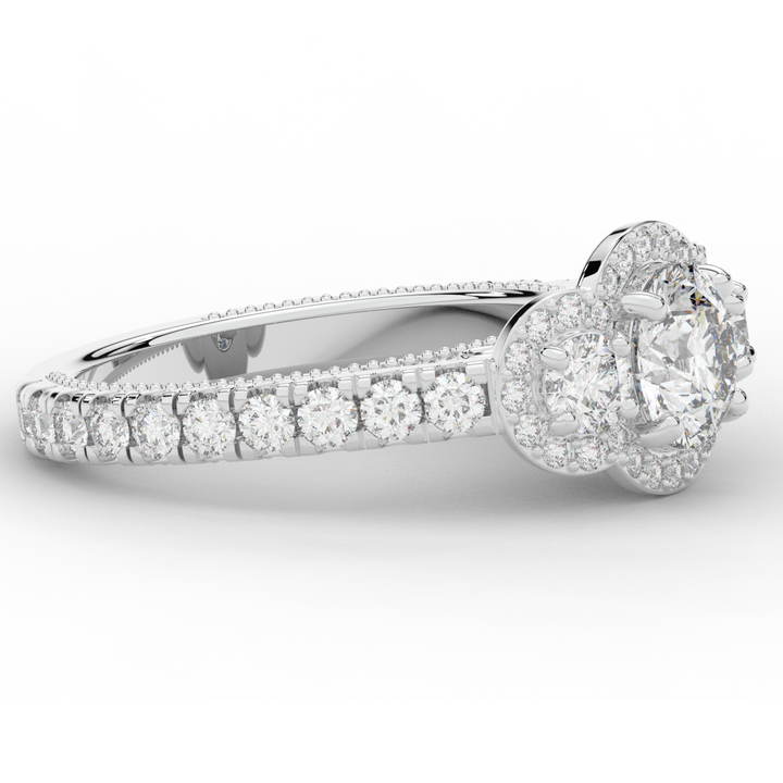 2.15CT.TW ROUND LAB DIAMOND 3 STONE HALO ENGAGEMENT RING - Nazarelle