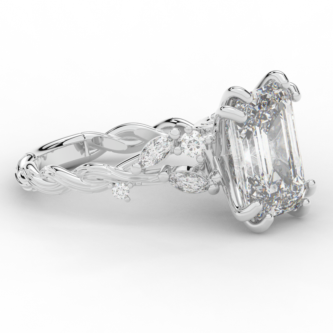 5.30CT.TW EMERALD CUT LAB DIAMOND STYLIZED VINE AND TREE BARK FINISH ENGAGEMENT RING - Nazarelle