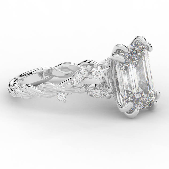 5.30CT.TW EMERALD CUT LAB DIAMOND STYLIZED VINE AND TREE BARK FINISH ENGAGEMENT RING - Nazarelle