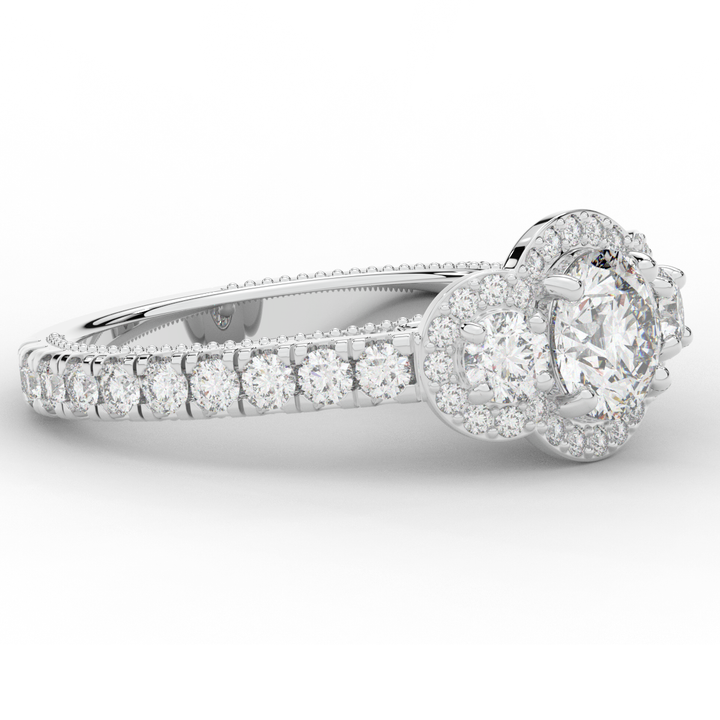 2.15CT.TW ROUND LAB DIAMOND 3 STONE HALO ENGAGEMENT RING - Nazarelle