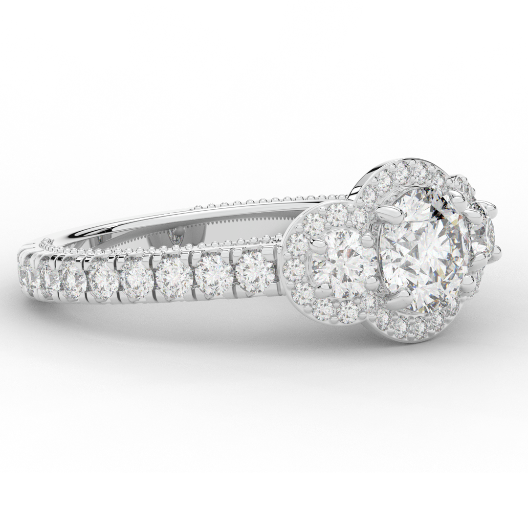 2.15CT.TW ROUND LAB DIAMOND 3 STONE HALO ENGAGEMENT RING - Nazarelle