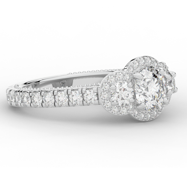 2.15CT.TW ROUND LAB DIAMOND 3 STONE HALO ENGAGEMENT RING - Nazarelle