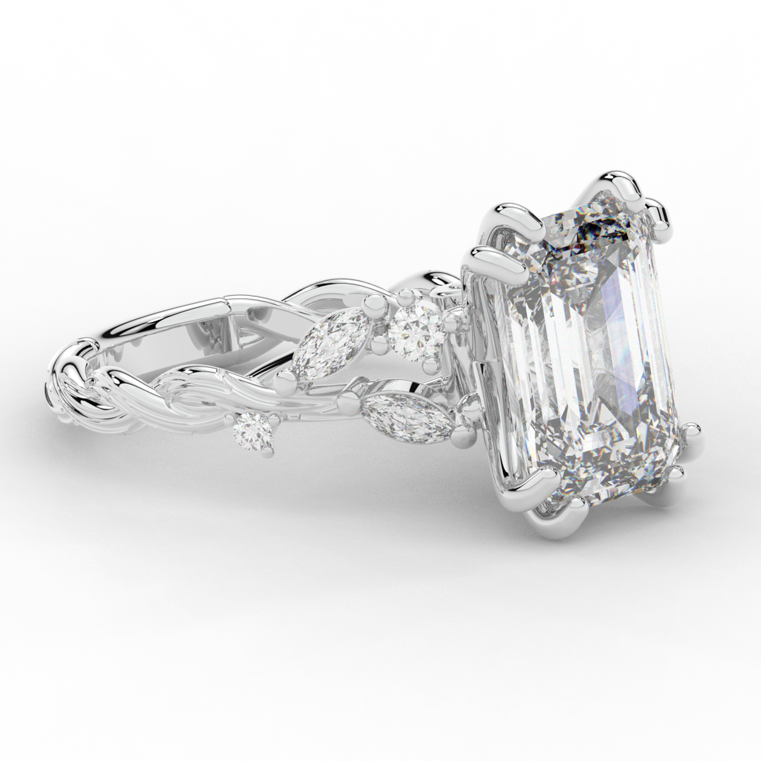 5.30CT.TW EMERALD CUT LAB DIAMOND STYLIZED VINE AND TREE BARK FINISH ENGAGEMENT RING - Nazarelle