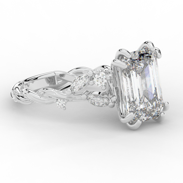 5.30CT.TW EMERALD CUT LAB DIAMOND STYLIZED VINE AND TREE BARK FINISH ENGAGEMENT RING - Nazarelle