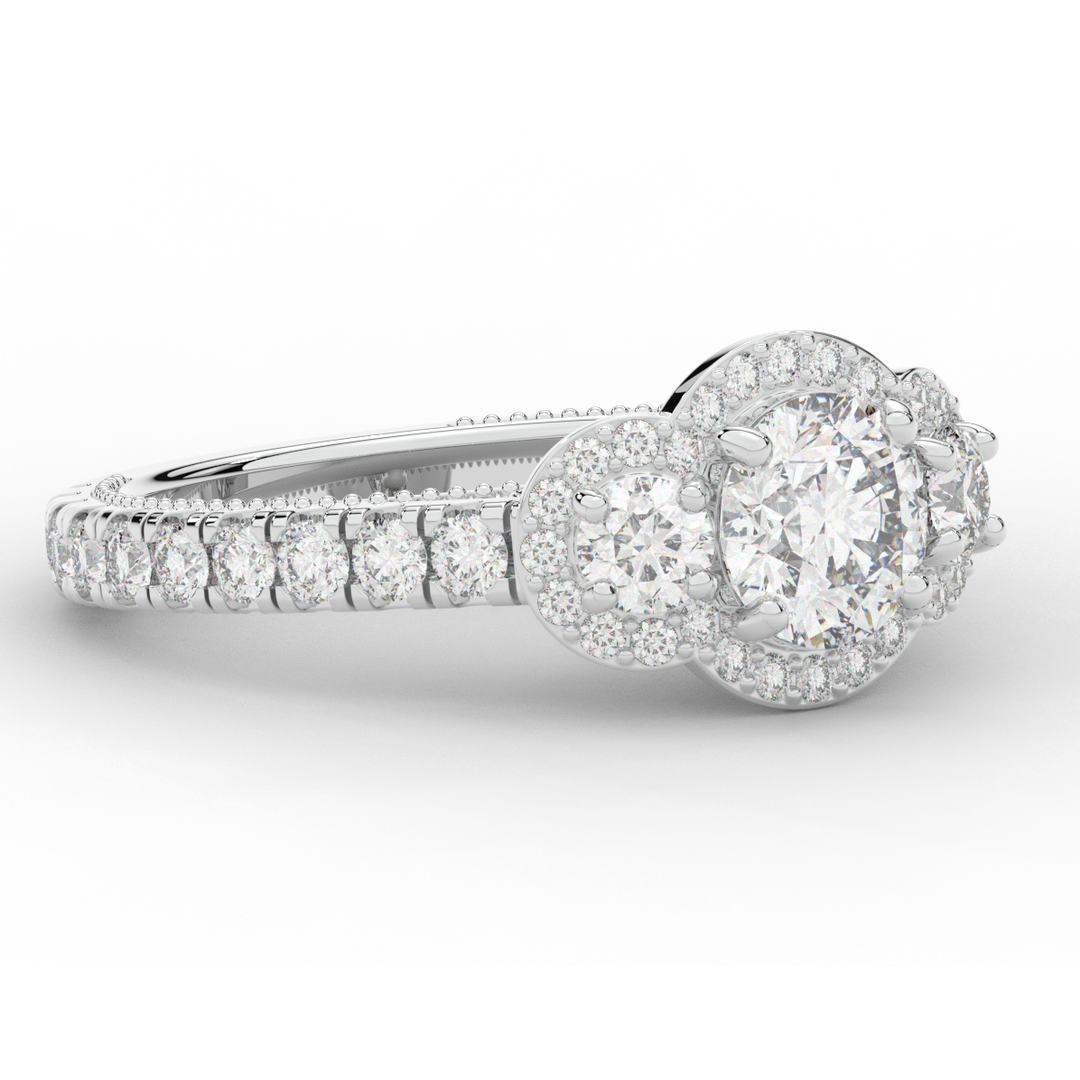 2.15CT.TW ROUND LAB DIAMOND 3 STONE HALO ENGAGEMENT RING - Nazarelle