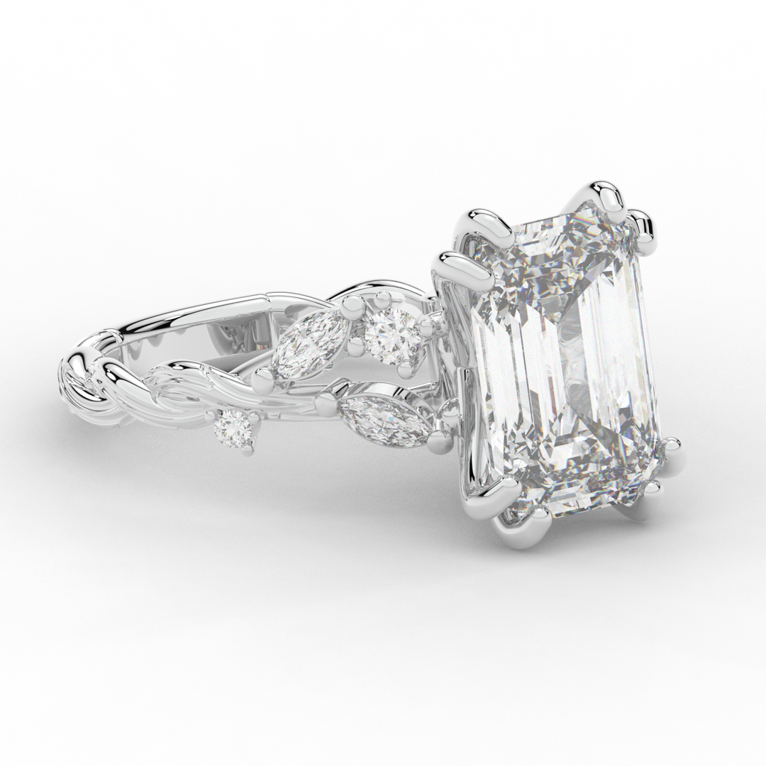 5.30CT.TW EMERALD CUT LAB DIAMOND STYLIZED VINE AND TREE BARK FINISH ENGAGEMENT RING - Nazarelle