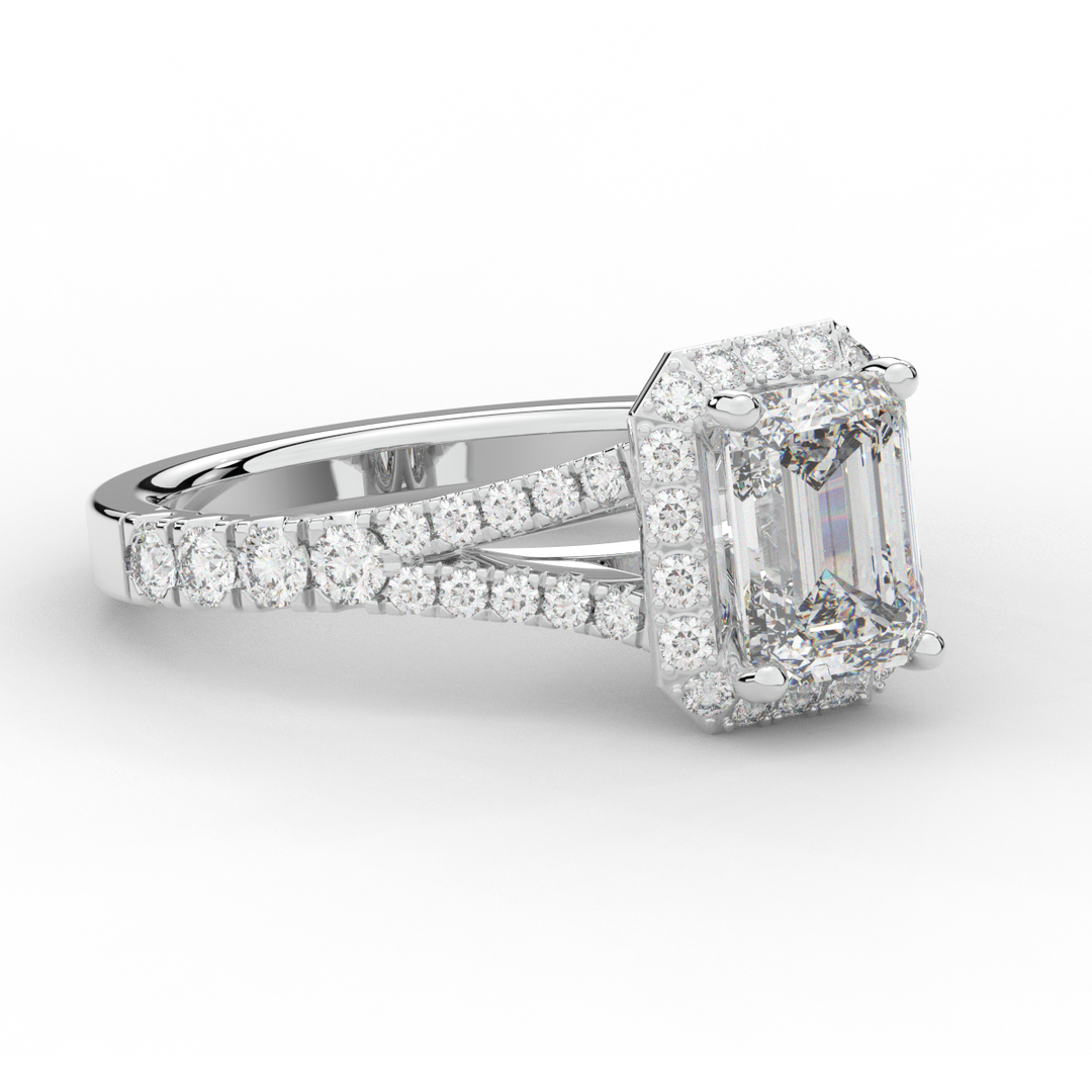 2.60CT.TW EMERALD CUT LAB DIAMOND SPLIT SHANK HALO ENGAGEMENT RING - Nazarelle