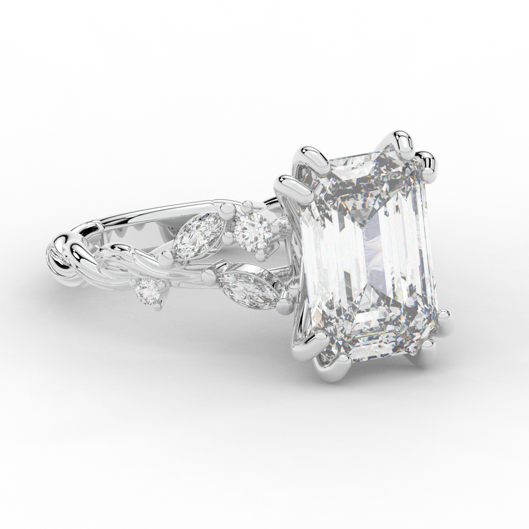 5.30CT.TW EMERALD CUT LAB DIAMOND STYLIZED VINE AND TREE BARK FINISH ENGAGEMENT RING - Nazarelle