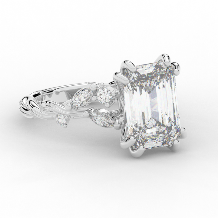 5.30CT.TW EMERALD CUT LAB DIAMOND STYLIZED VINE AND TREE BARK FINISH ENGAGEMENT RING - Nazarelle