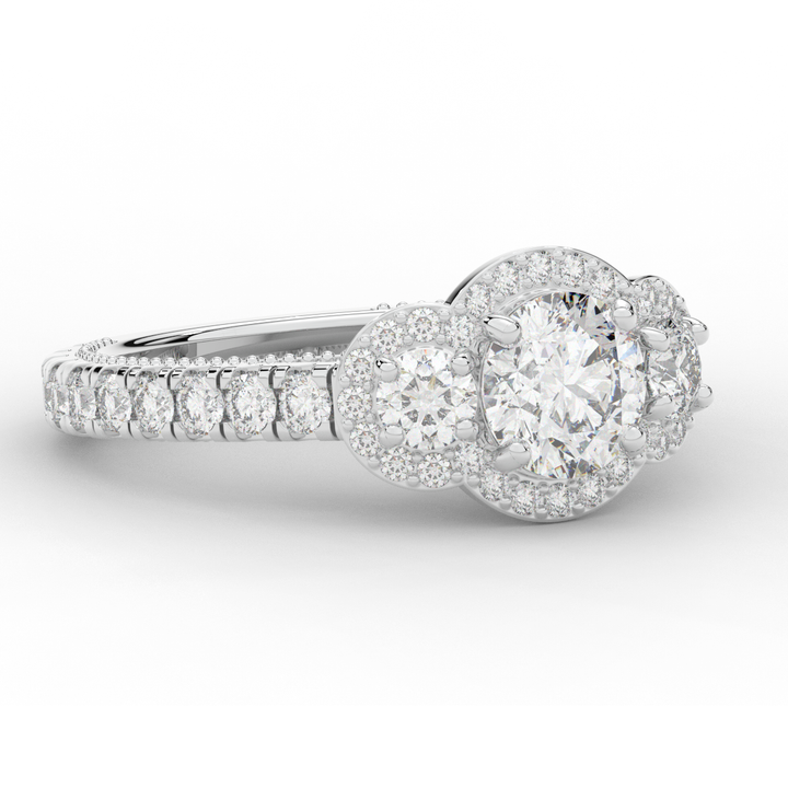 2.15CT.TW ROUND LAB DIAMOND 3 STONE HALO ENGAGEMENT RING - Nazarelle