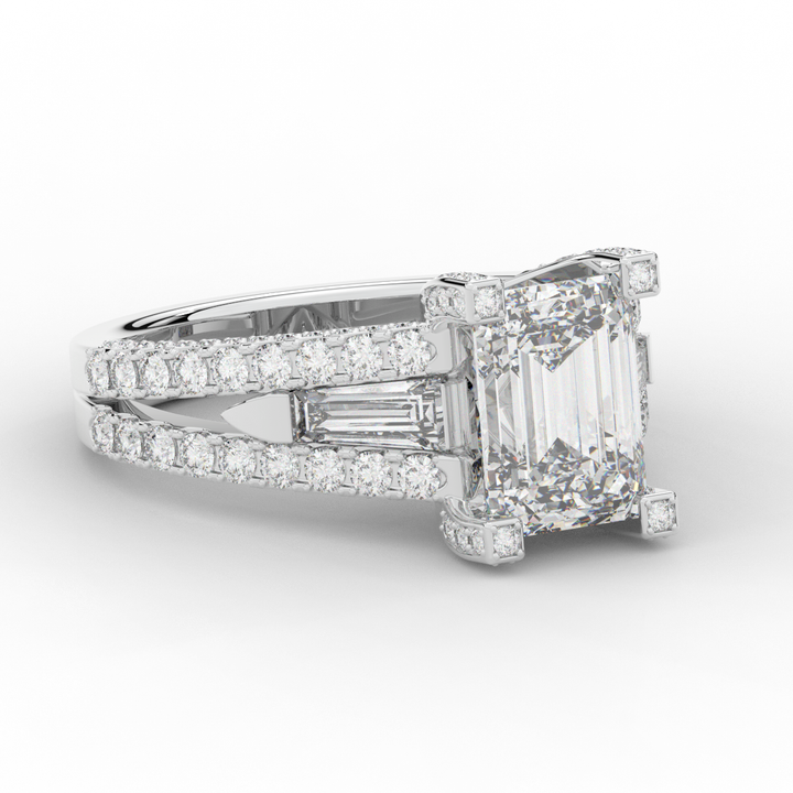 4.60CT.TW EMERALD CUT LAB DIAMOND SPLIT SHANK ENGAGEMENT RING - Nazarelle