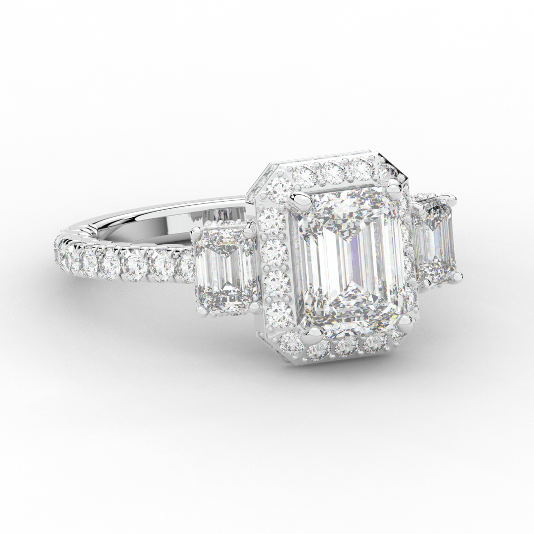 3.20CT.TW EMERALD CUT LAB DIAMOND 3 STONE ENGAGEMENT RING - Nazarelle