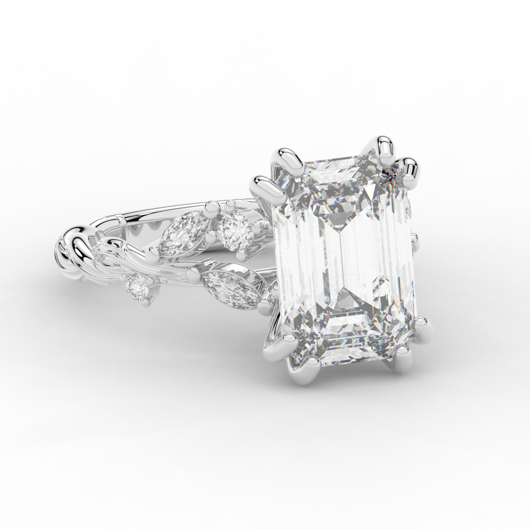 5.30CT.TW EMERALD CUT LAB DIAMOND STYLIZED VINE AND TREE BARK FINISH ENGAGEMENT RING - Nazarelle