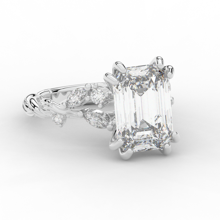 5.30CT.TW EMERALD CUT LAB DIAMOND STYLIZED VINE AND TREE BARK FINISH ENGAGEMENT RING - Nazarelle