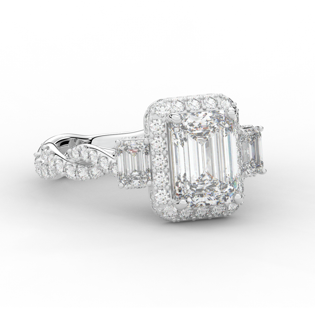4.70CT.TW EMERALD CUT LAB DIAMOND 3 STONE ENGAGEMENT RING - Nazarelle