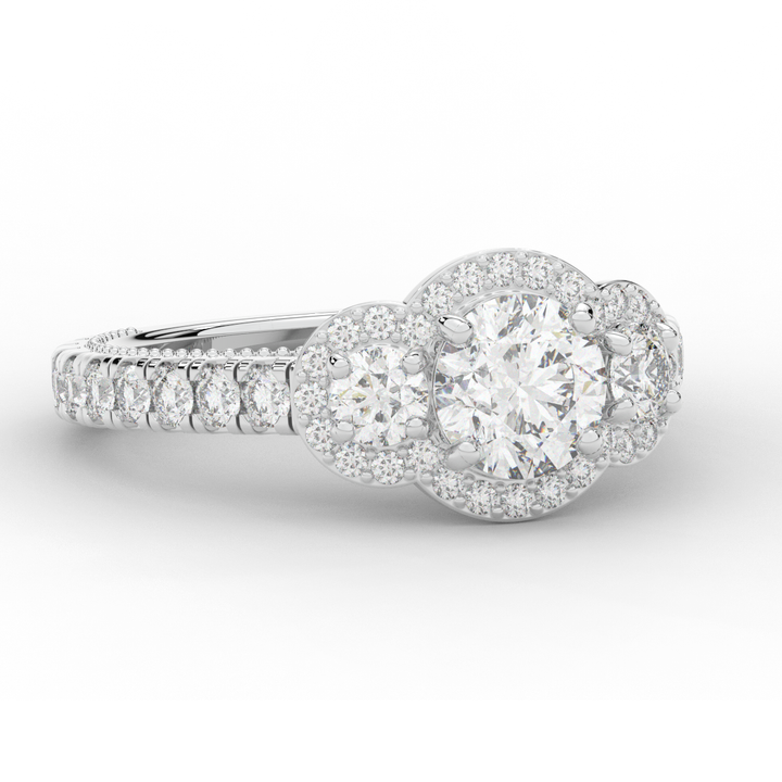 2.15CT.TW ROUND LAB DIAMOND 3 STONE HALO ENGAGEMENT RING - Nazarelle