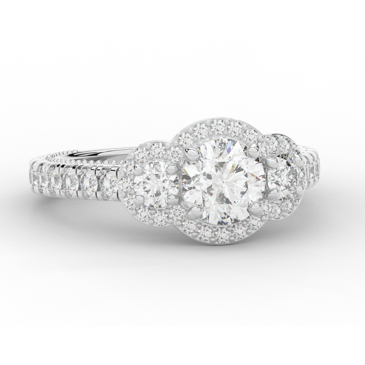 2.15CT.TW ROUND LAB DIAMOND 3 STONE HALO ENGAGEMENT RING - Nazarelle