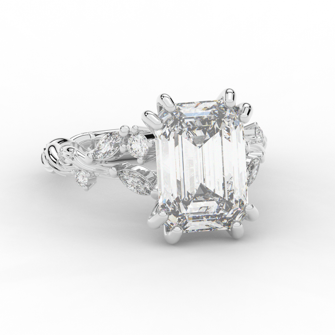 5.30CT.TW EMERALD CUT LAB DIAMOND STYLIZED VINE AND TREE BARK FINISH ENGAGEMENT RING - Nazarelle