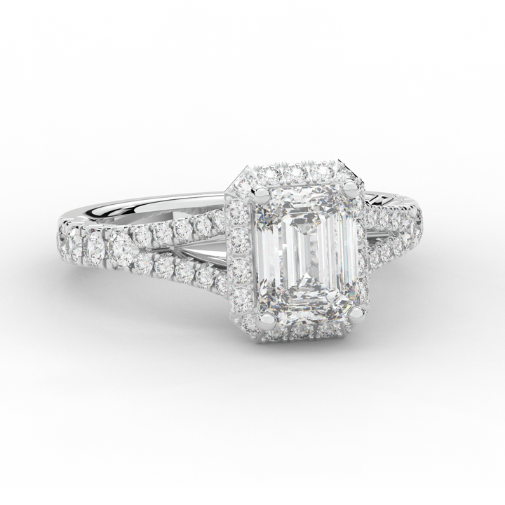 2.60CT.TW EMERALD CUT LAB DIAMOND SPLIT SHANK HALO ENGAGEMENT RING - Nazarelle