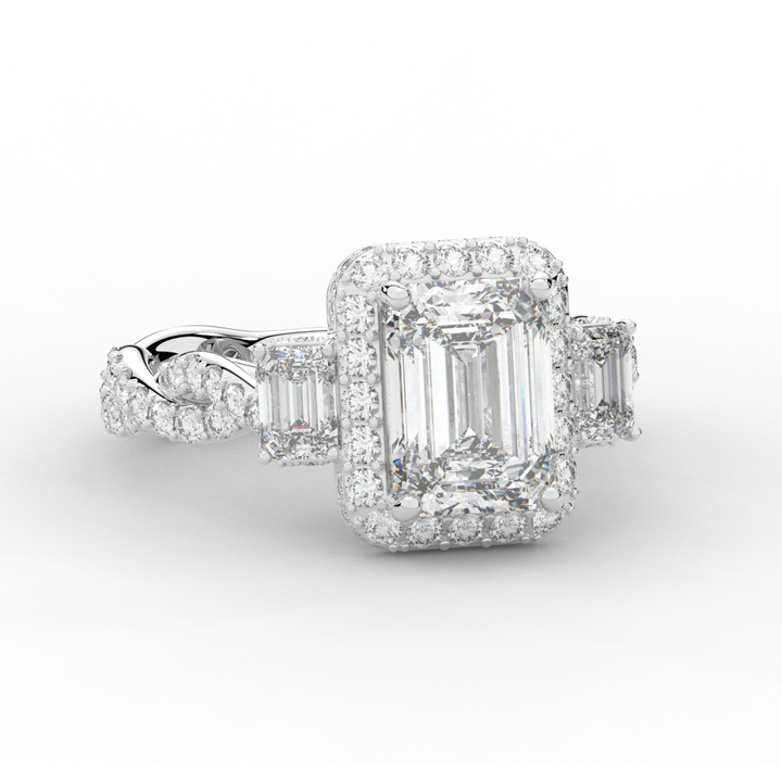4.70CT.TW EMERALD CUT LAB DIAMOND 3 STONE ENGAGEMENT RING - Nazarelle