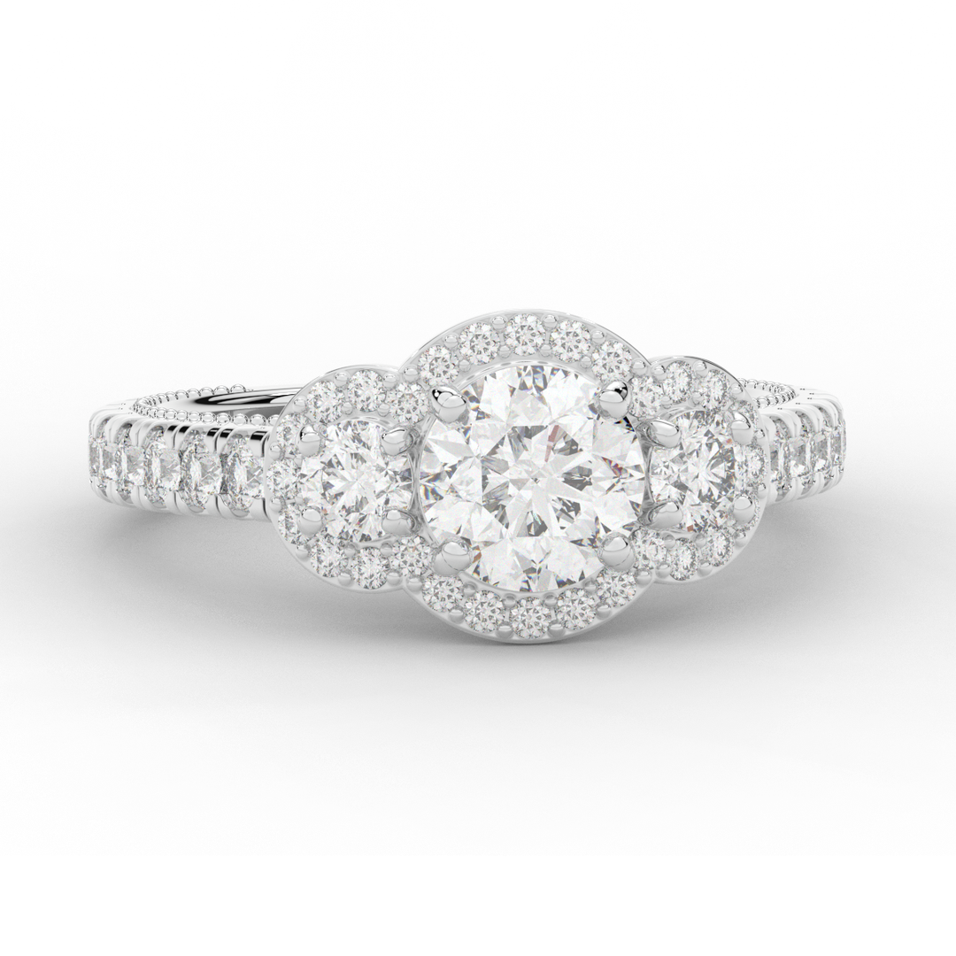 2.15CT.TW ROUND LAB DIAMOND 3 STONE HALO ENGAGEMENT RING - Nazarelle