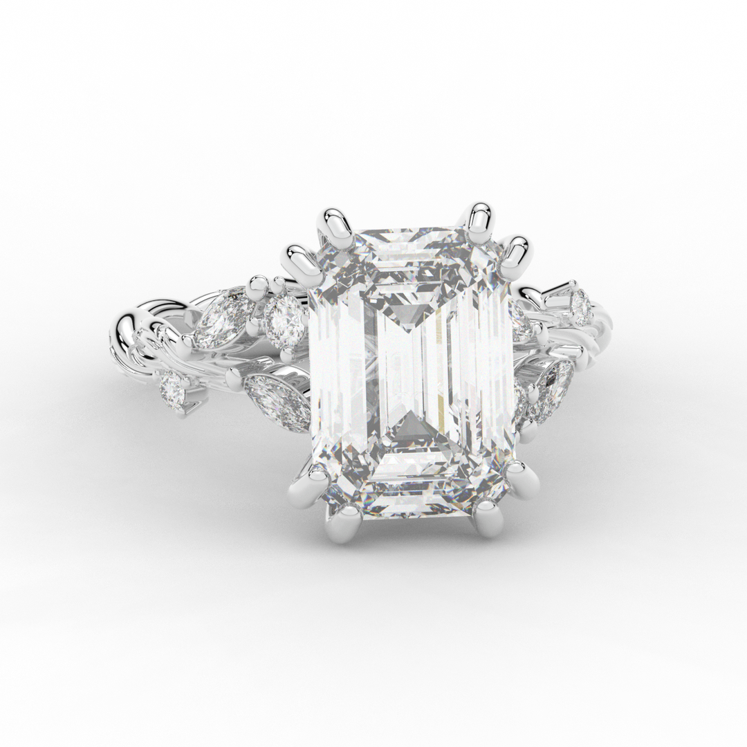 5.30CT.TW EMERALD CUT LAB DIAMOND STYLIZED VINE AND TREE BARK FINISH ENGAGEMENT RING - Nazarelle